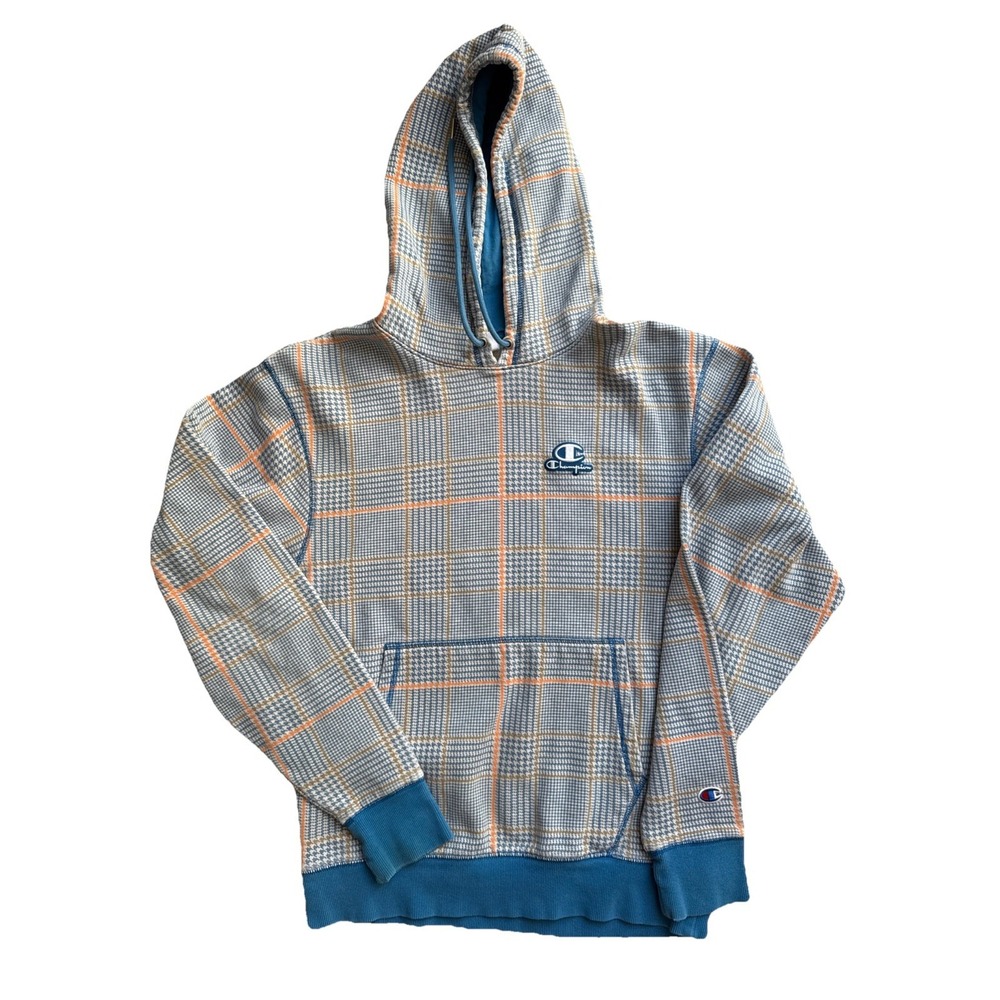 Champion Hoodie Men Small Blue Plaid Houndstooth Streetwear Pullover Retro Urban